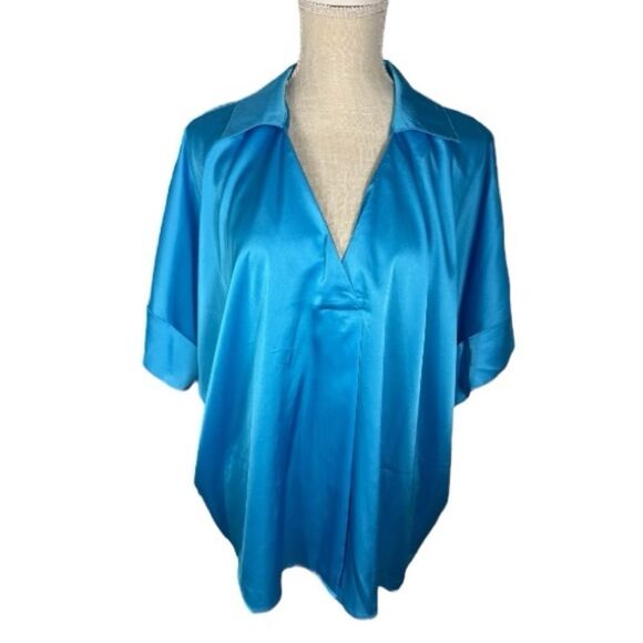 Ces Femme NEW Blue Oversized Satin Collared Blouse Shirt - Picture 3 of 8